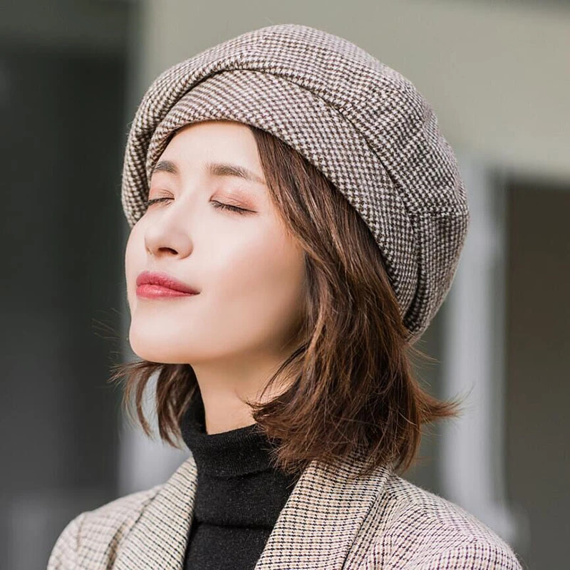 Plaid Vintage Octagonal Casual Autumn Girl Cap Panama Women Wool Beret
