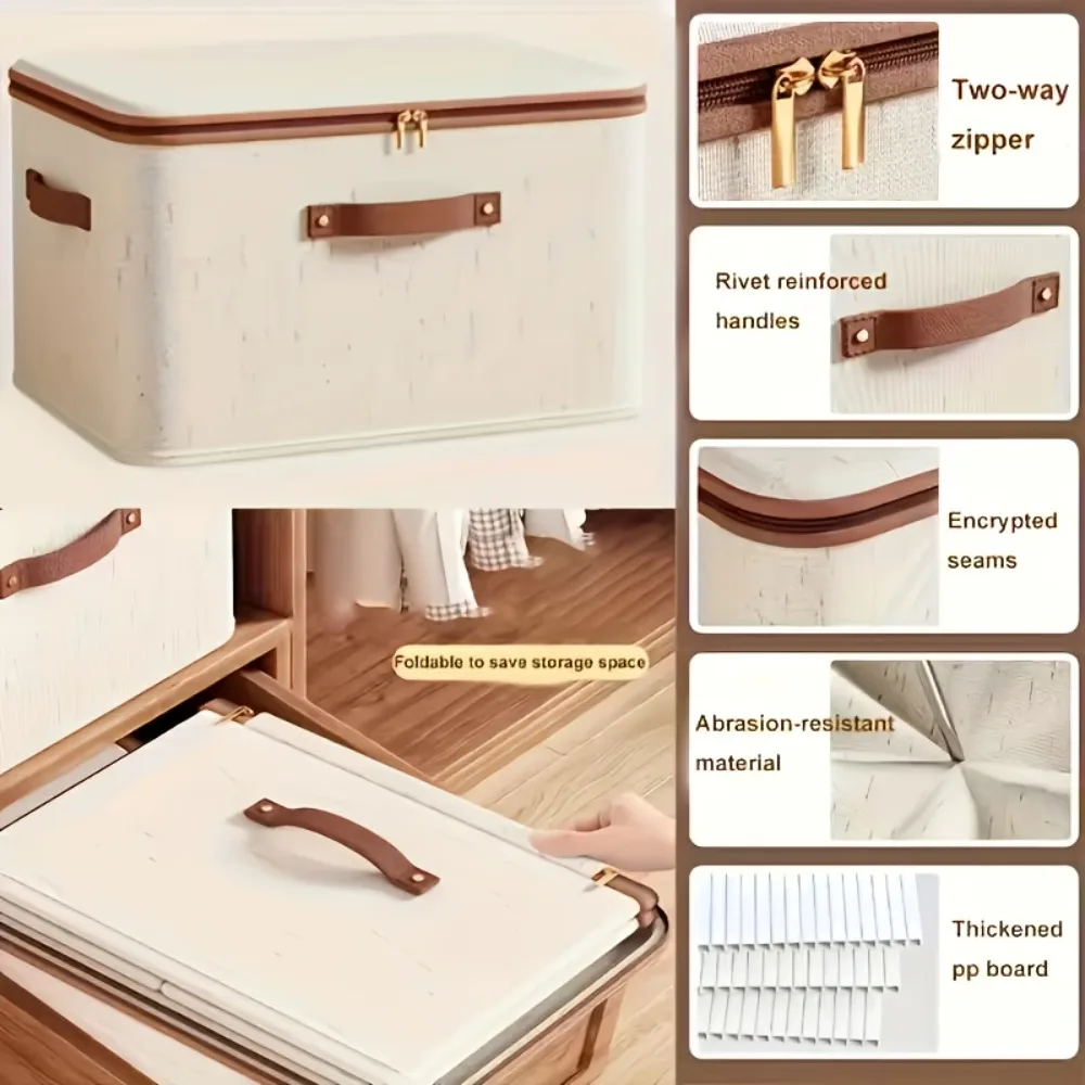 Foldable Linen Storage Box with Double Zippers and Faux Leather Handle, Large Capacity Under-Bed Storage Basket with Lid