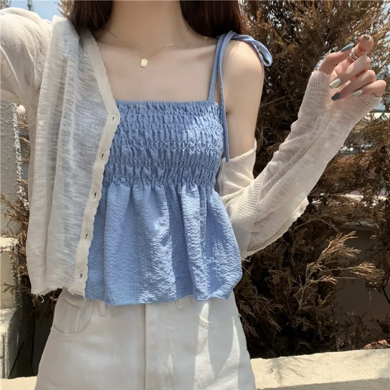 French Sweet Seaside Small conDOLE Vest Female Inside Build Summer OUTSIDE Wear to Show Thin Short Blue Strapless Top