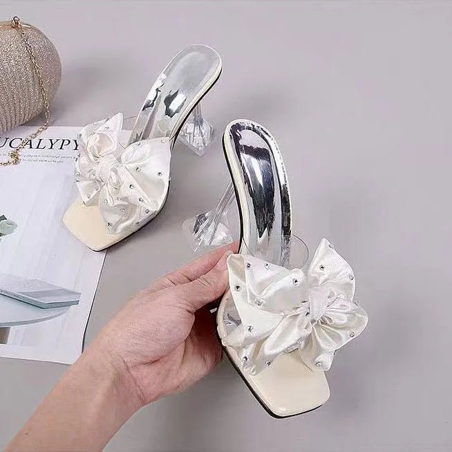 Crystal High Heels Women Slippers Slides for Women Summer 2022 New Fashion Fine-heeled Open-toed Big Flowers Slippers Woman
