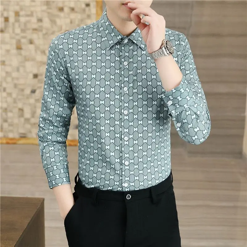 Spring and Autumn Men's Polo Collar Single Breasted Solid Cardigan Geometric Printed Long Sleeve Plaid Contrast Tee Shirt Tops