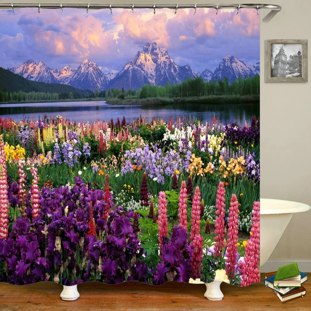 

Plant Style Lavender Flowers Shower Curtain Set Scenery Flower Plant Tulip Butterfly 3D Print Waterproof Fabric Showers Curtains
