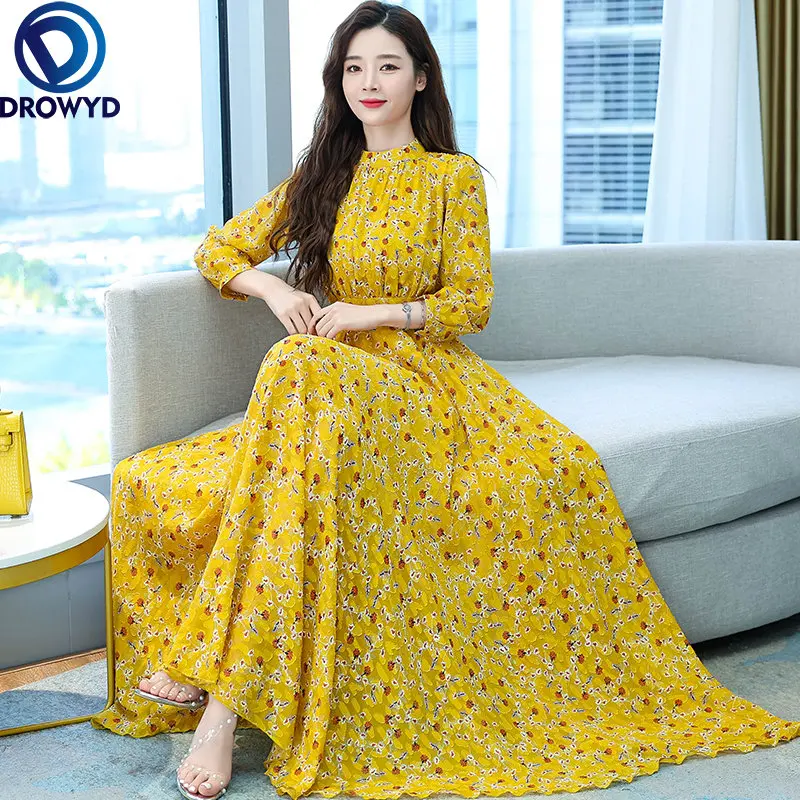 2023 Yellow Floral Chiffon Boho Beach Dress Spirng Summer Vintage