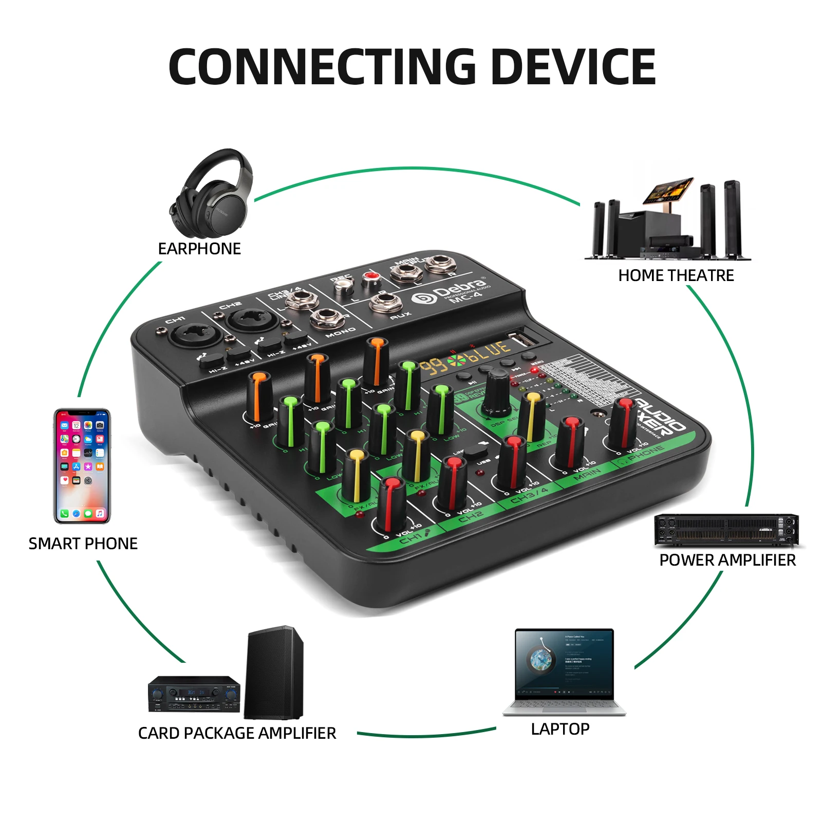 Debra MC-4 4 Channel Audio Mixer Bluetooth 5.0 99 DSP Reverb for Live Streaming