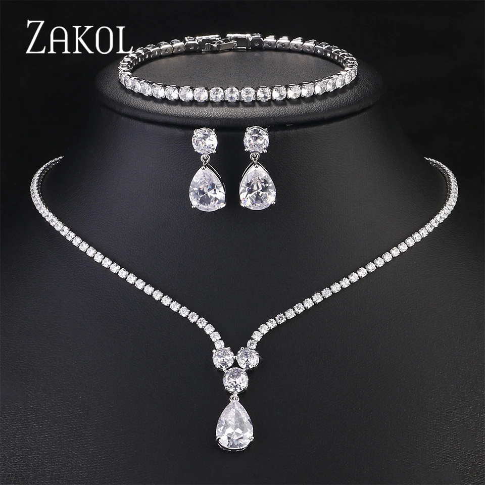 ZAKOL Luxus Klar Wasser Tropfen Zirkon Schmuck Set für Frauen Hohe Qualität Shiny CZ Hochzeit Schmuck