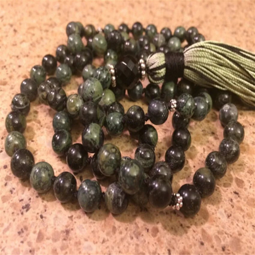 8mm Flower green Jasper beads 108 Bead Gemstone Mala necklace Gemstone Religious Bohemian Spiritual Seekers
