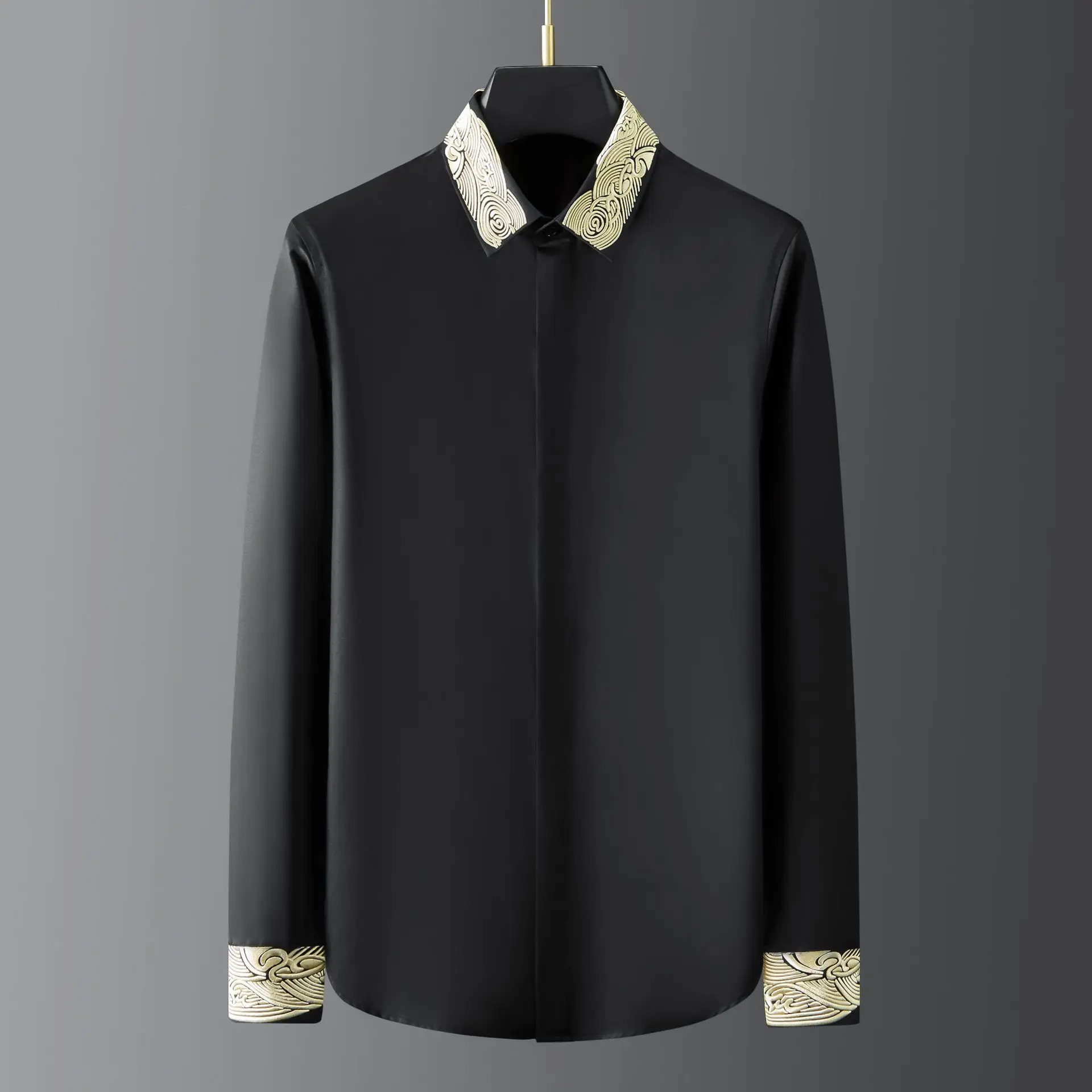 

Fashion Long Sleeve Ten Thousand Needle Embroidery Leader Embroidery Long Sleeve Black and White Slim Fit Men's Shirt