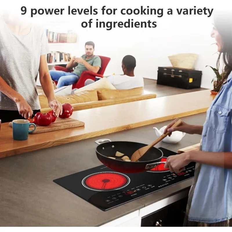 Burners Electric Cooktop Built-in & Countertop Stove Two Burner Ceramic Cooktop with Child Safety Lock Timer Touch SensorControl 3