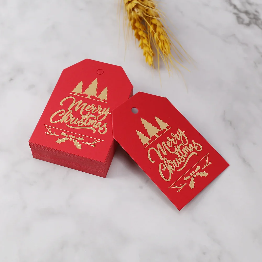 50pcs Merry Christmas Gift Tags Red White Paper Cards Labels Xmas New Year Party Bags Boxes Packaging Hang Tag Navidad Supplies