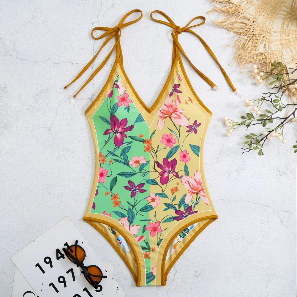 Vintage Printed Double-sided Wear Swimming Bathing Suit Women Bandage Sexy One Piece Swimsuit Beachwear Swimwear, swimsuit one piece