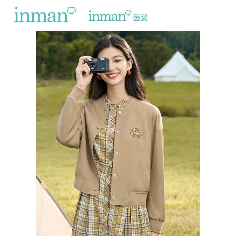 INMAN Women Baseball Jacket 2023 Autumn Long Sleeve Loose Coat Pattern Embroidery Fashion Casual Versatile Coffee Outwear Tops coffee apricot fashion sequins thousand bird pattern women s suit coat autumn 2022 new casual western coat goddess style