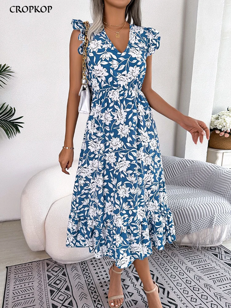 Robe D'Été Femme Col Rond Sans Manches Imprimé Floral – Robe Ample Plage Chic Décontractée Mi-Longue LeHengME