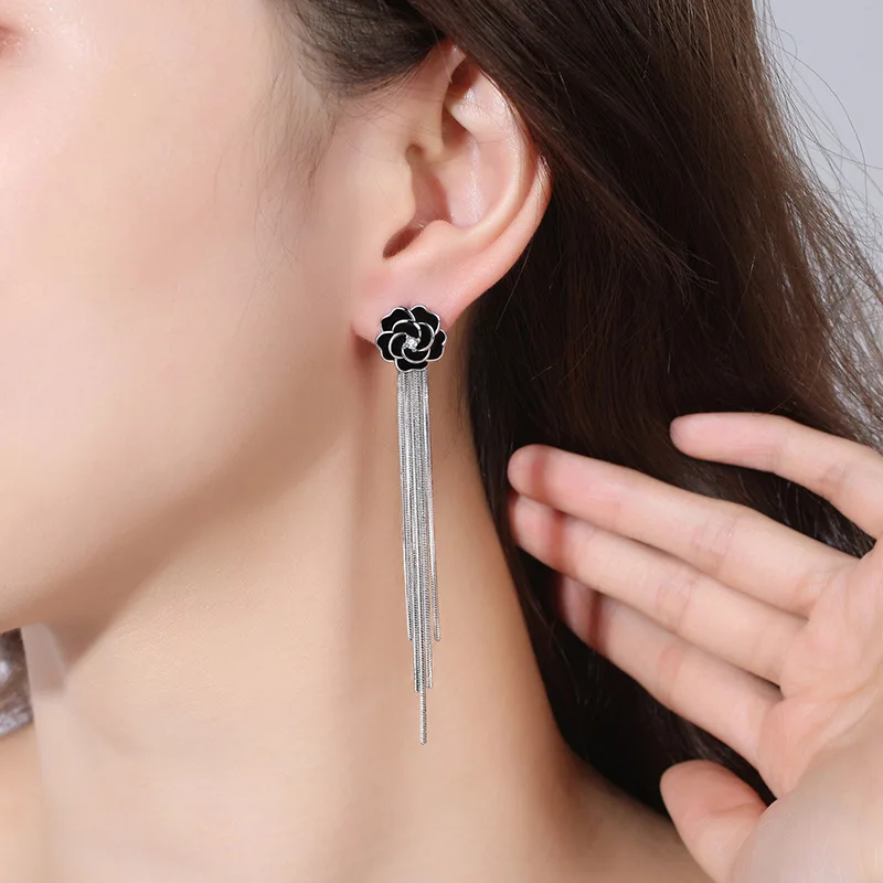 925 Sterling Silver Earrings Black Rose Fringed Long Engagement Jewelry Gift For Women drop earrings dangle earrings