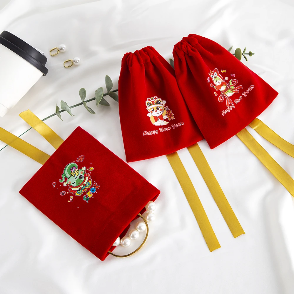 10 Stücke Schöne Rote Schmuck Kordelzug Neujahr Geschenk Verpackung Beutel Süßigkeiten Melone Samen Erdnüsse Organizer Ohrringe Ring Tasche – Detail 12