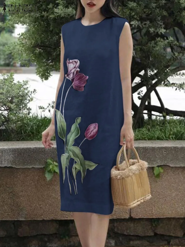 

Bohemian Printed Dresses ZANZEA Women Summer Dress Causal Sleeveless Floral Vestidos Knee-length Robe Femme Holiday Sundress