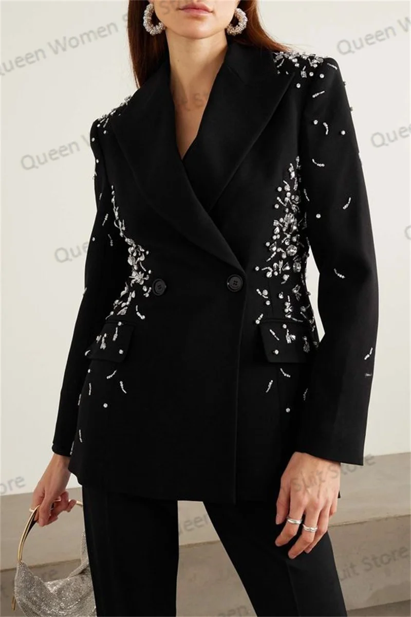 

Crystal Women Suits Pant Set Blazer+Trouser Luxury Wedding Tuxedo 2 Piece Prom Dress Formal Black Cotton Jacket Party Coat