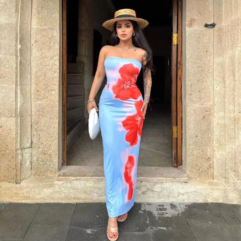 

Gtpdpllt Summer New Strapless Slim Sleeveless Long Dresses For Women New Sexy Flower Printed Club Party Dress Y2K Outfits