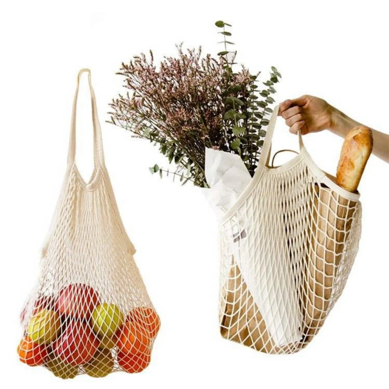 Eco-Friendly Reusable Mesh Grocery & Produce Storage Bags with Long Handles