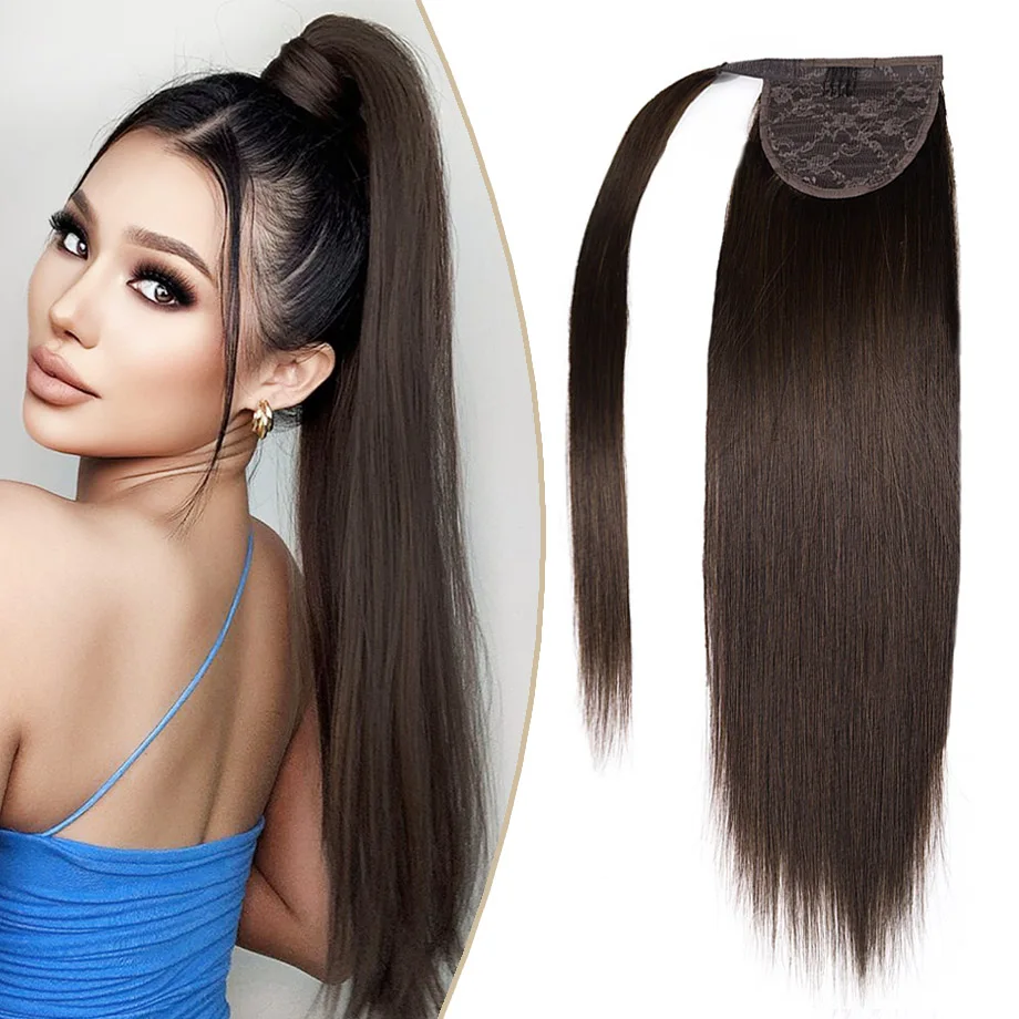 

14-22" Pony Tails Human Hair Extensions Straight Brazilian Remy Hair Extensions Wrap Around Hair Magic Paste Invisible Ponytail
