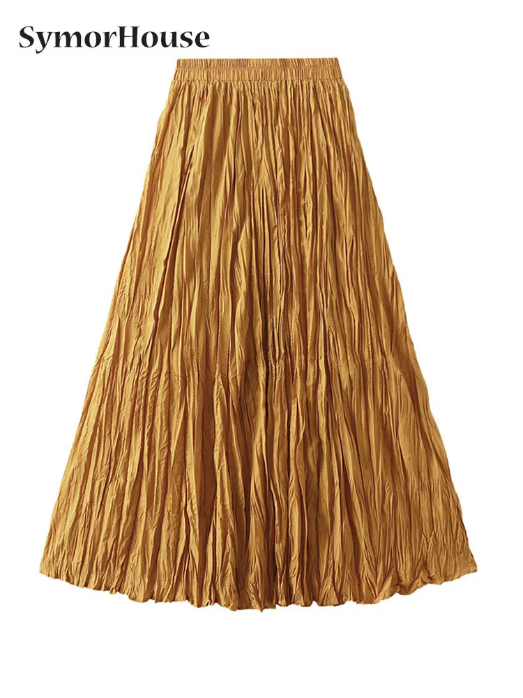

2024 Spring Summer Autumn Fashion Maxi Folds Skirt Women Vintage Elastic High Waist Big Swing Pleated Long A -Line Skirt Female