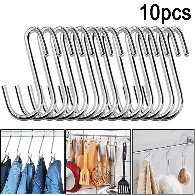10pcs Stainless Steel Sshape Hook Kitchen Bedroom Multifunction Railing S Hanger Hook Clasp