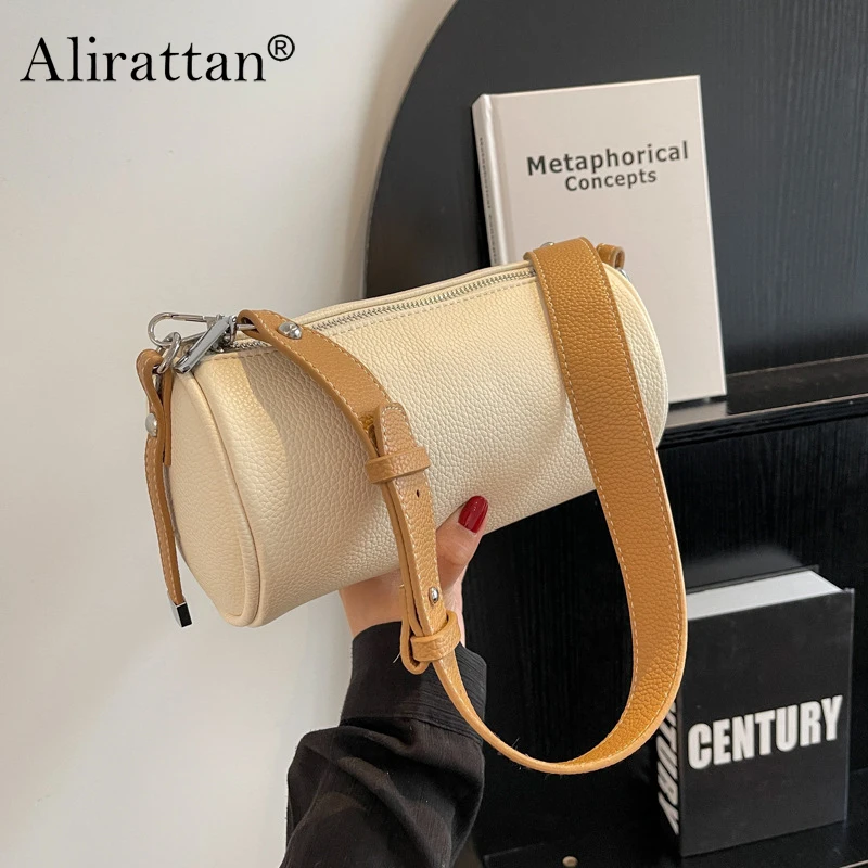 

Bag Female Cylinder Bag 2023 Spring New Litchi Pattern Single Shoulder Small Round Bag Fashion Wide Shoulder Strap Satchel