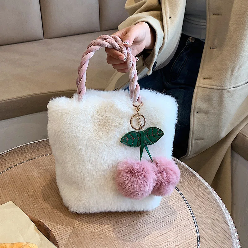 

Autumn Winter Cherry Plush Handheld Bag for Women Furry Handbag Ladies Plush Bucket Bag Small Basket Crossbody Totes