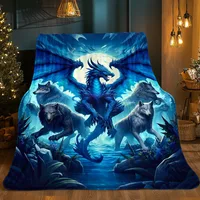 Dragon and Wolves Scene HD Printed Blanket, Soft and Warm Flannel Blanket for Travel, Camping, Sofa, Living Room, Couch, Chair, 2