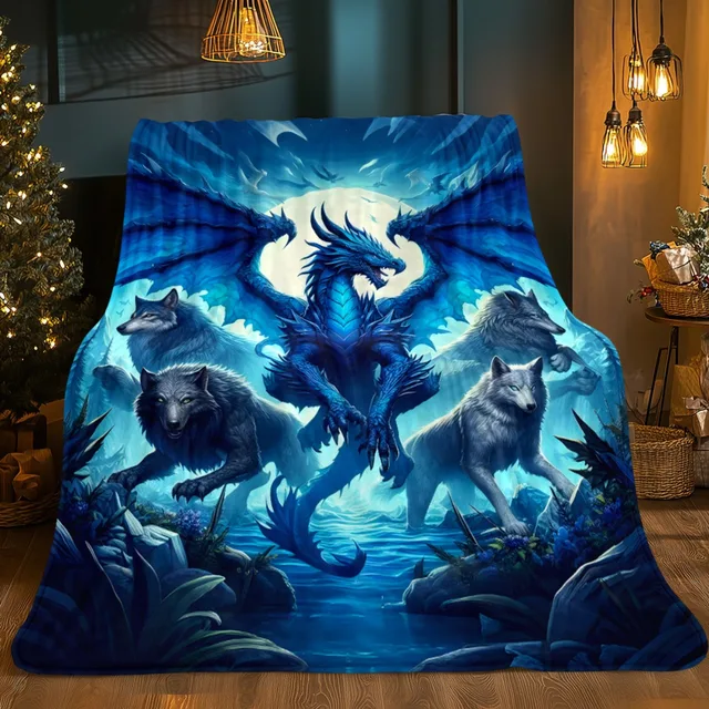 Dragon and Wolves Scene HD Printed Blanket, Soft and Warm Flannel Blanket for Travel, Camping, Sofa, Living Room, Couch, Chair, 2