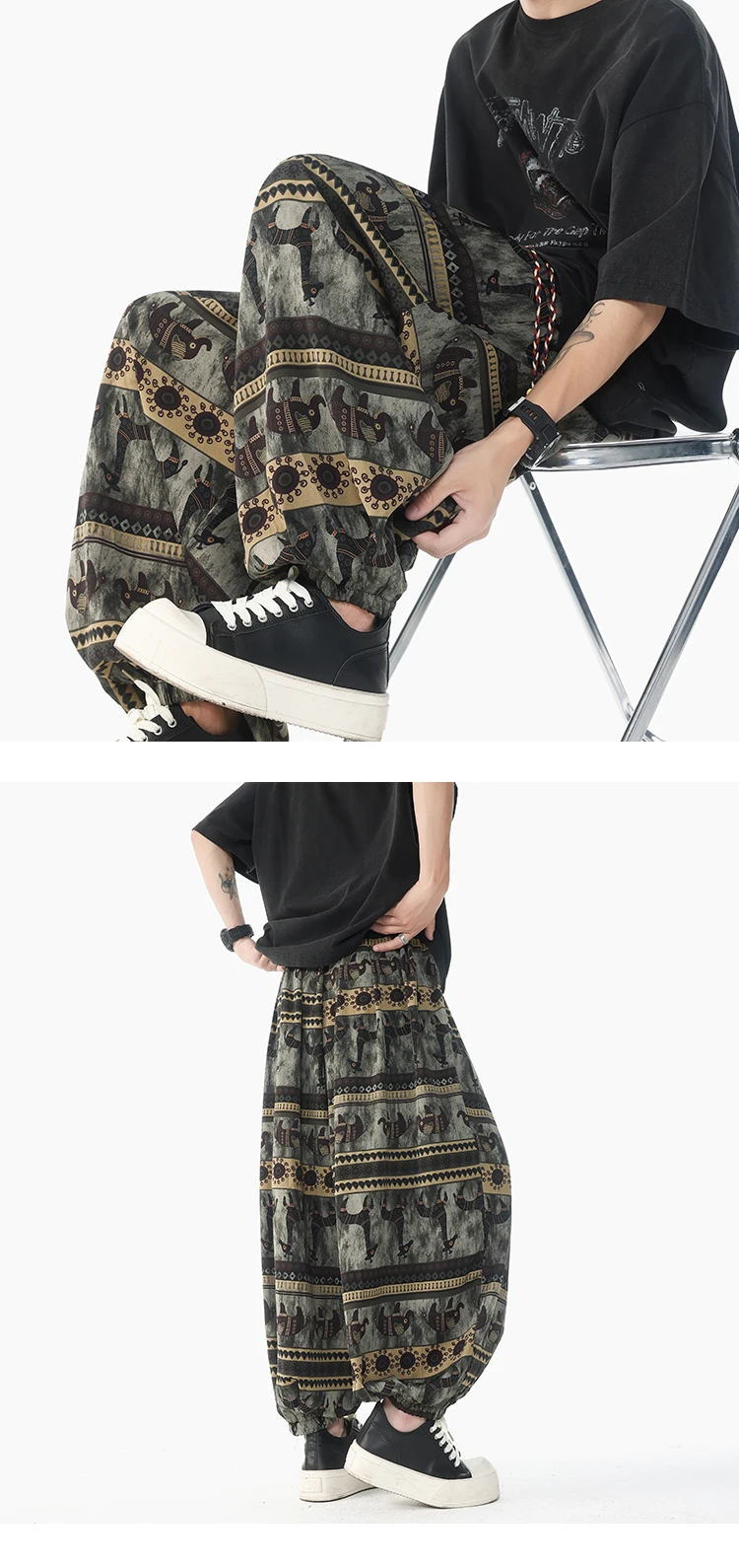 Holiday Style Printed High Waisted Drawstring Pants Ethnic Style Lantern Pants Men's Loose Casual Ice Silk Wide Leg Pants