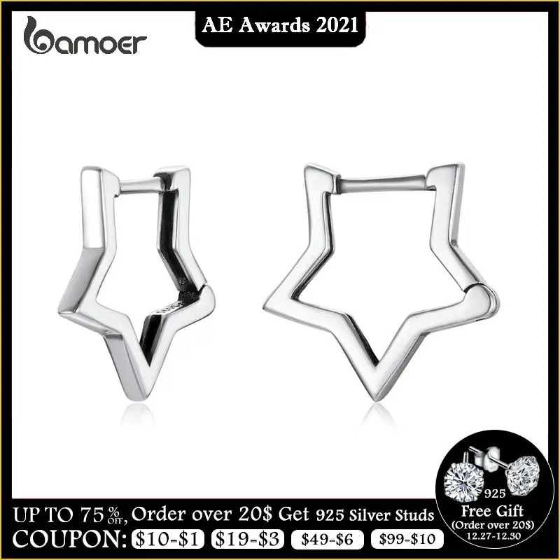 bamoer 925 Sterling Silver Starlike Earrings Star Shape Ear Buckle Minimalist Earrings Daily for Women Fashion Jewelry SCE1136