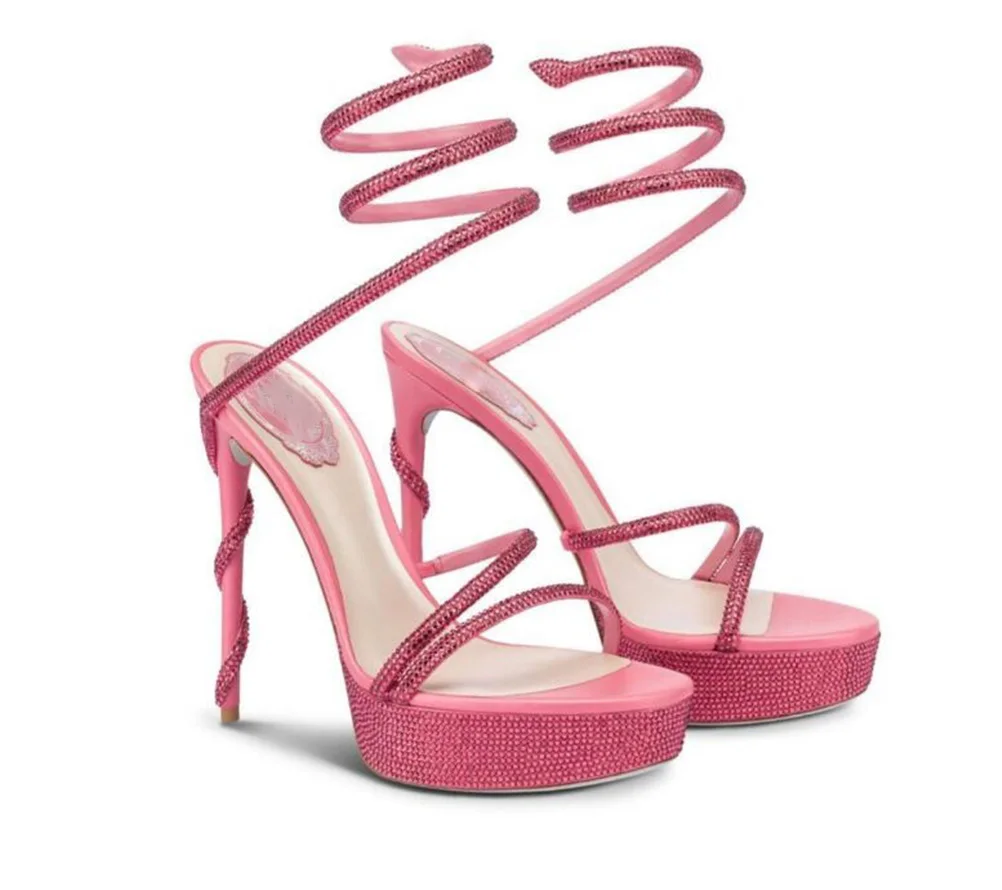

Pink Crystal Thick Platform Thin High Heel Sandals Women Snakehead Shape Diamond Waterproof Embellished Dress Shoes