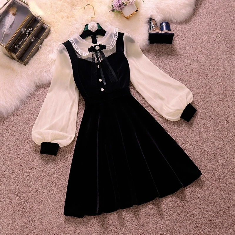 

Vintage Velvet Black Dress Stand Neck Lantern Sleeve Party Robe High Waist Slim Vestidos Korean Elegant Dresses Women