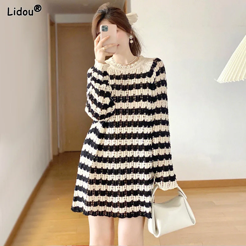 

Temperament Round Neck Striped Patchwork Hollow Out Long Sweaters Pullovers Loose Autumn Winter Thin Women's Clothing Casual