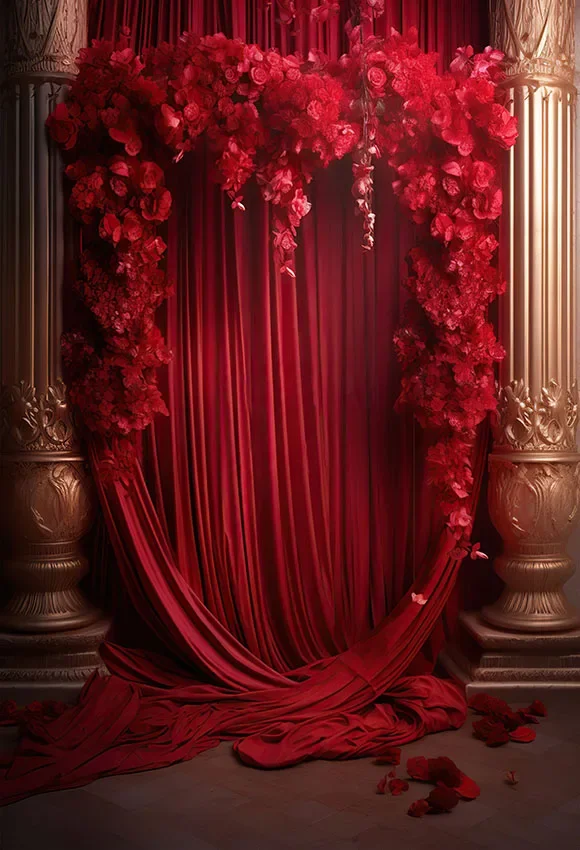 

5X7 футов Золотая колонна Красный цветочный занавес костюм на заказ наружный погодостойкий Фотофон без морщин полиэстер хлопок