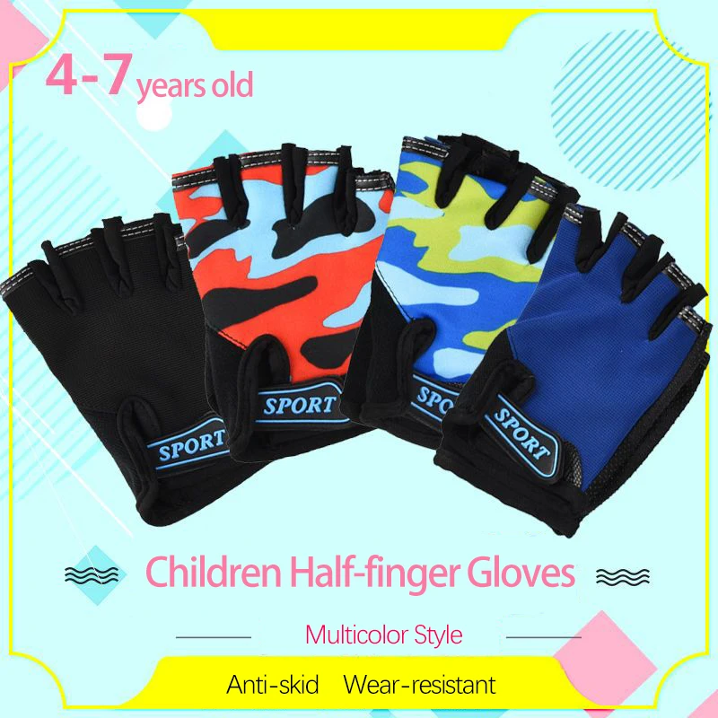 Cute Kids Sports Gloves Cycling Breathable Summer Non-Slip Camo Half Finger Outdoor Children Gloves Boy Girl Gym Training Gloves 2