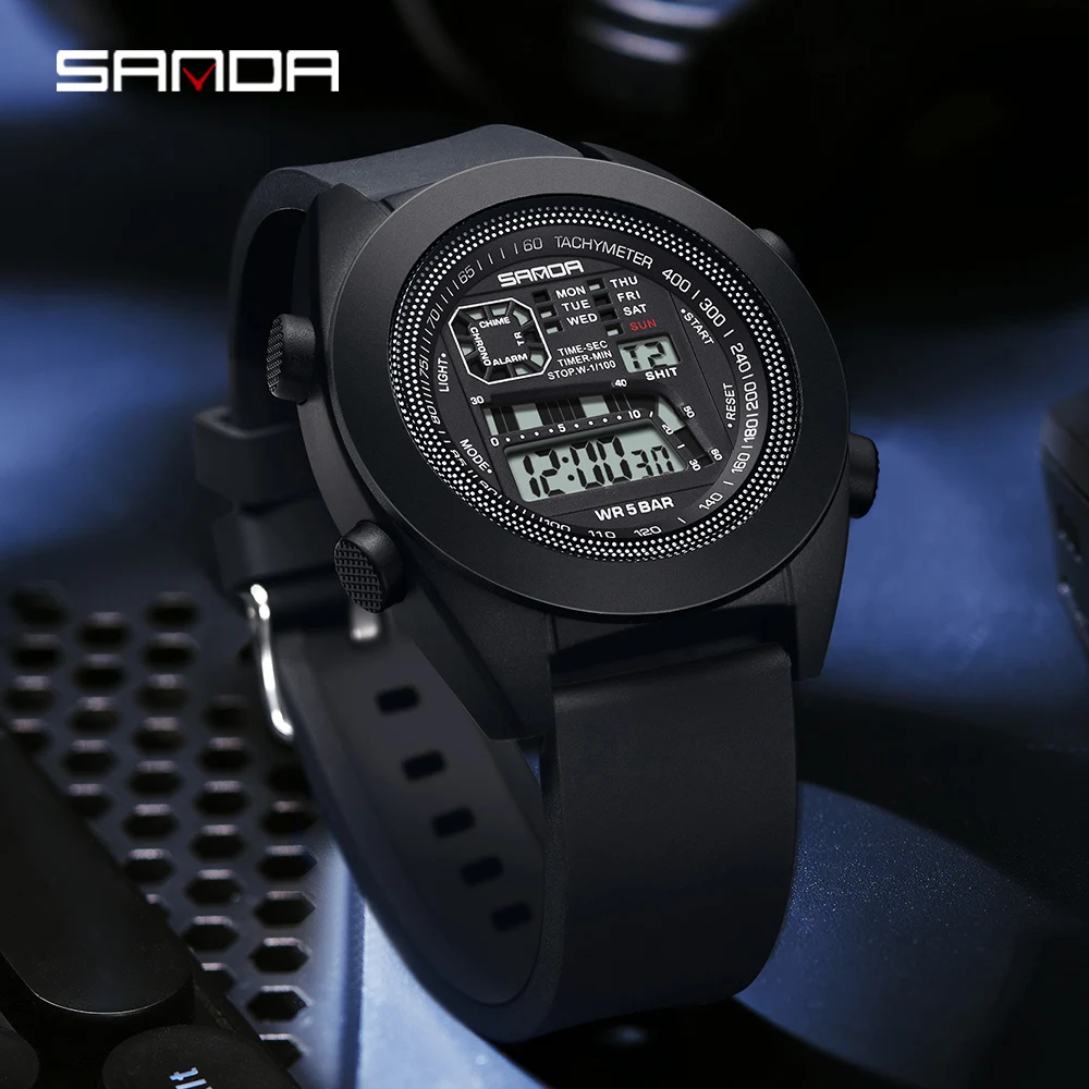 2023 New Single Core Electronic SANDA  9025 Watch Multifunctional Silicone Tape Men's Outdoor Sports Waterproof Wristwatch