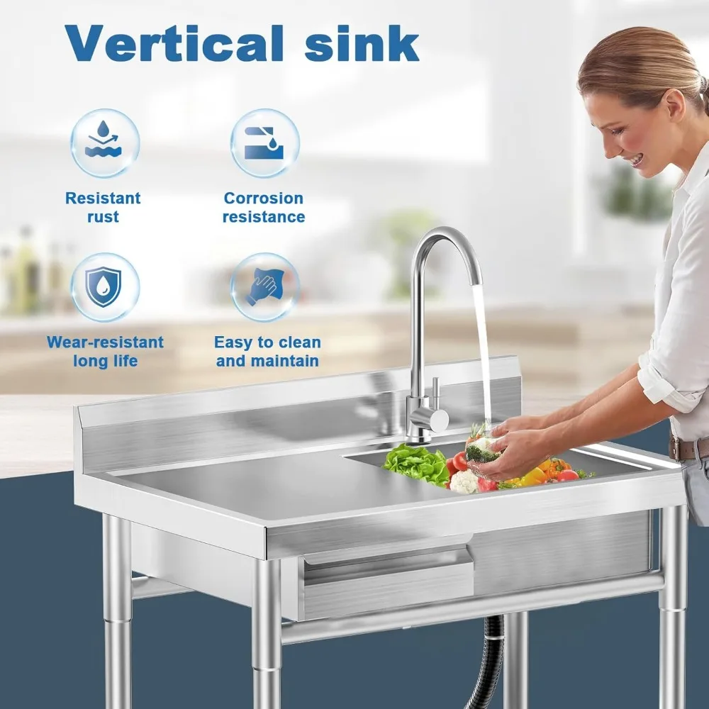 Stainless Steel Utility Sink Freestanding Single Bowl Laundry Sink with Hot and Cold Water Plumbing Workbench Drawers 3