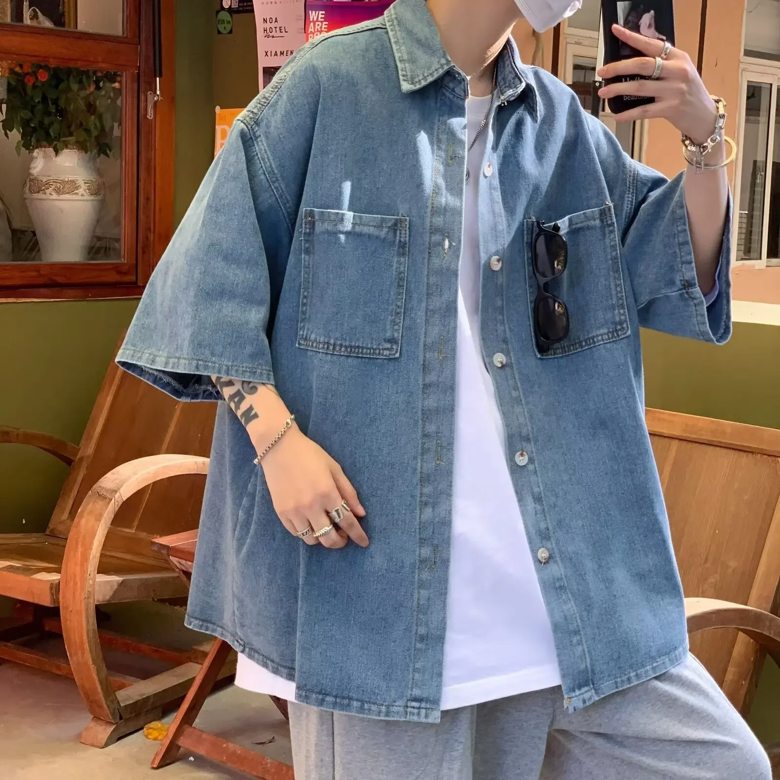 Loose Short Sleeve Men's Denim Shirt Summer Casual Style Half Sleeve Jacket Hong Kong Wind Japanese Design Trendy Outerwear denim shirt