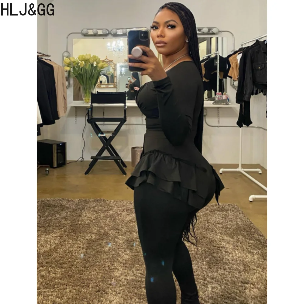 HLJ&GG Fashion Ruffled Design Skinny Pants Sets Women Long Sleeve Crop Top+Pants Two Piece Outfits Casual Ruched 2pcs Streetwear