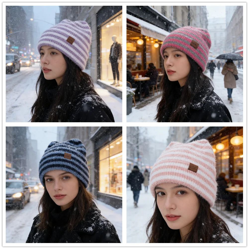 New Style Lovely Hat Cat Ear Beanie Cap Winter Hats For Women Y2K All Stripes Fashion Outdoor Warm Hat Beanie Warm Cap For Girl