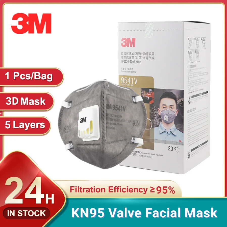 Masque KN95 3M 9541V/9542V réutilisable avec valve, vu de face, montrant la forme et la valve.