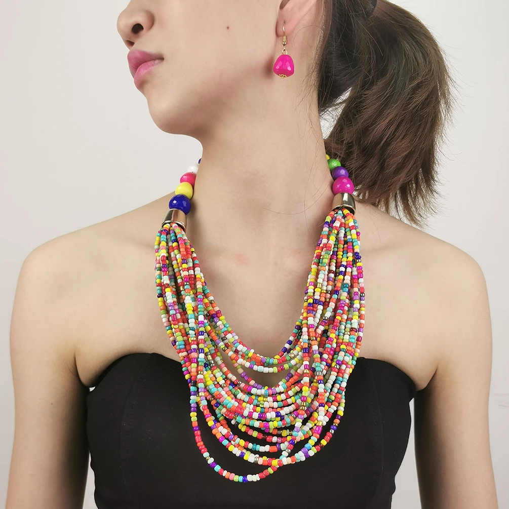 Conjuntos de joyas de cuentas africanas aduanas étnicas, collar y colgante de hecho mano, collar Maxi bohemio para mujer, pendientes| | -