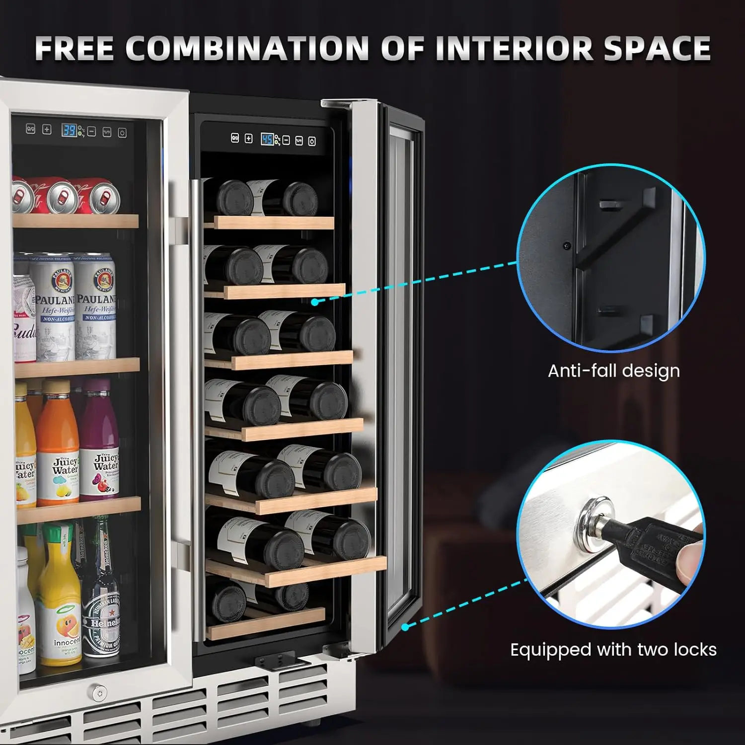 24 Inch Wine and Beverage Refrigerator Dual Zone Wine Fridge with  Safety Locks Under Counter Wine Cooler Beer Fridge 20 Bottles 4