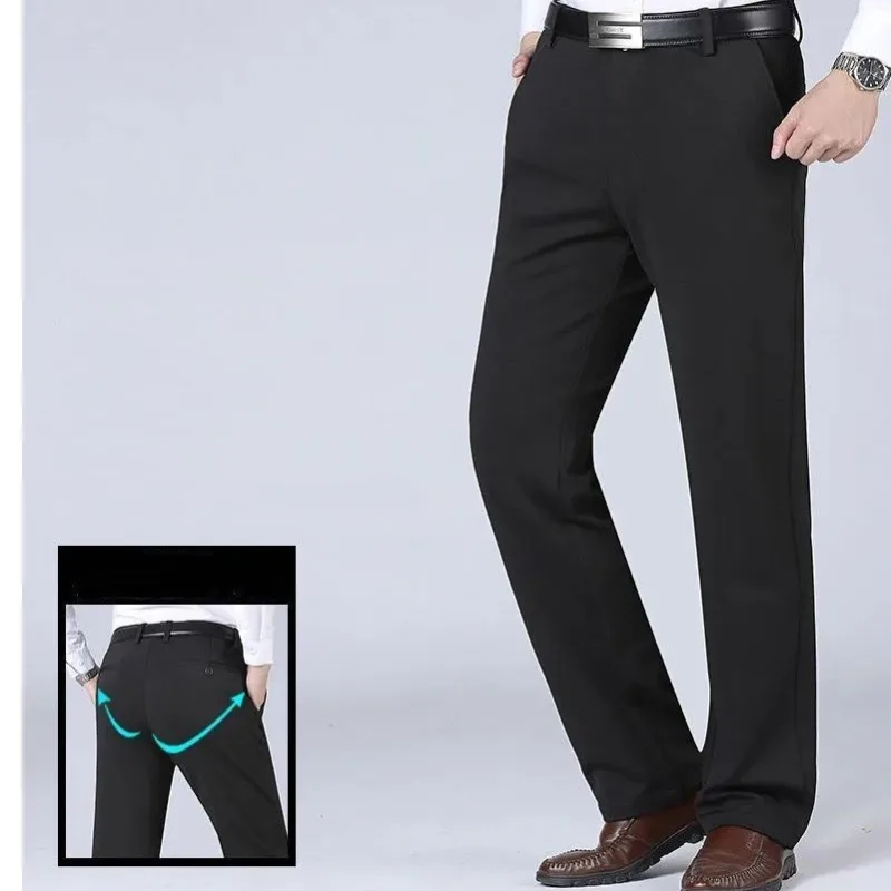 Spring Autumn Men's Clothing Business Casual Elastic Breathable High Waist Thickened Trousers Polyester Straight Leg Pants