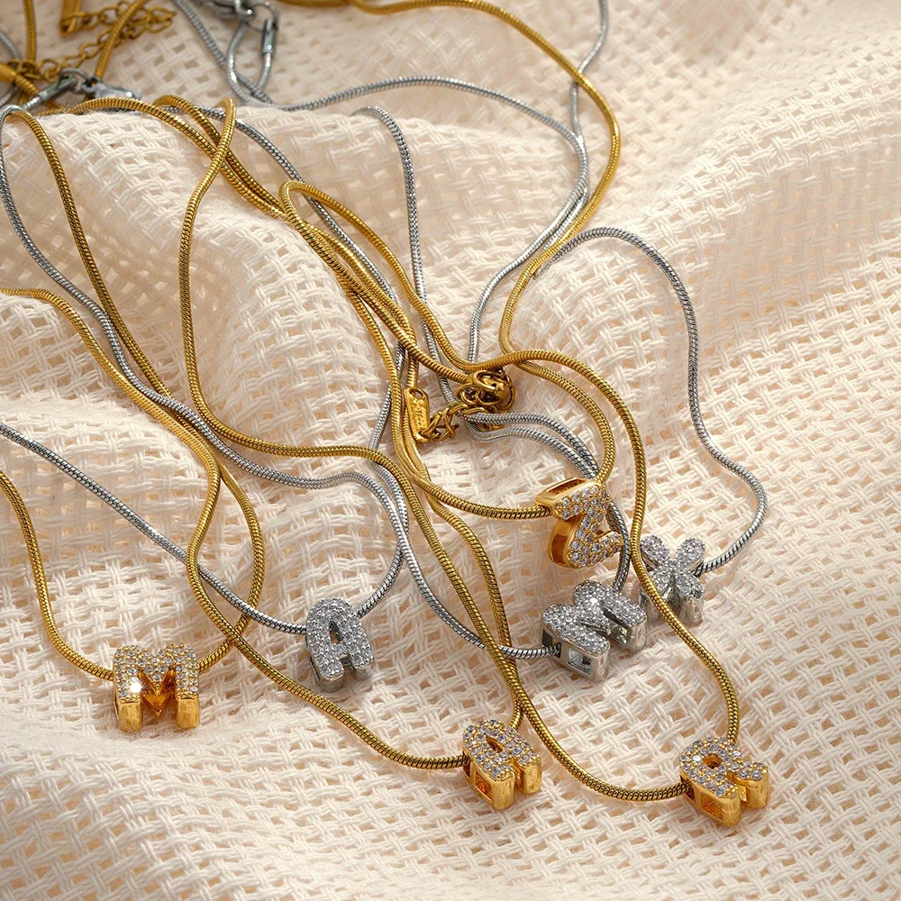 Mini A-Z 26 Letter Pendant Neckalce Rust Proof Shininy Zircon Initial Alphabet Stainless Steel Gold Plated Choker Jewelry Gifts