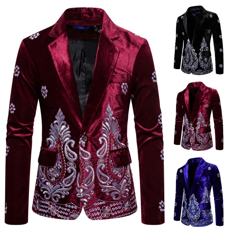 

DYB&ZACQ Men's Suit Euramerican Style Fashion Casual Velvet One Button Embroidered Velvet Suit Performance Dress