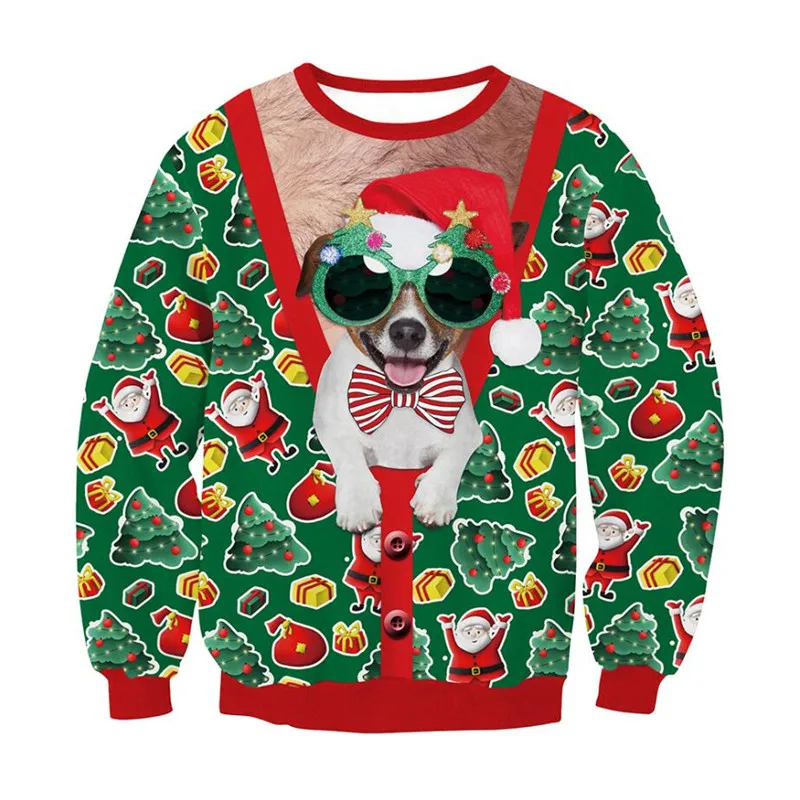 thumbnail image 1 of Suéter navideño de mal gusto para hombre y mujer, sudadera navideña con estampado 3D de perro, copo de nieve, campana, reno y Papá Noel para fiestas navideñas, 1 of 5