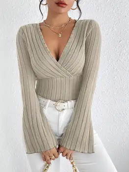 Women's Fall and Winter Long-sleeved Tops, V-neck Sexy Slim Striped Women's Tops, Long-sleeved T-shirt Knitted Bottoming Shirt 1