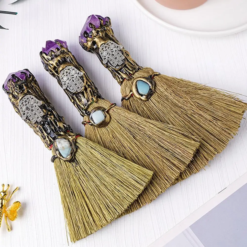 Natural Crystal Witch Broom Mini Witch Broom for Wiccan Altar Majic Ceremonial Decor Handmade Reiki Broom Stick for Wall Decor